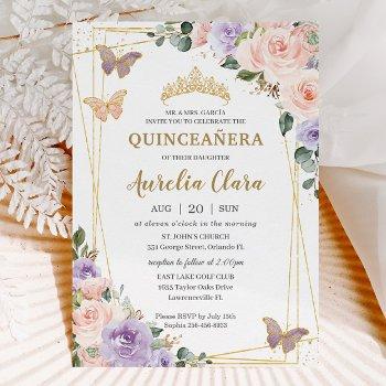 quinceañera purple lilac blush floral butterflies invitation