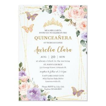 Quinceañera Purple Lilac Blush Floral Butterflies Invitation Front View