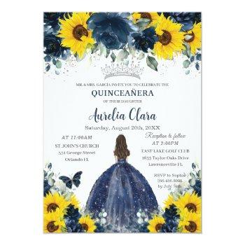 Quinceañera Sunflower Navy Blue Floral Princess Invitation Front View