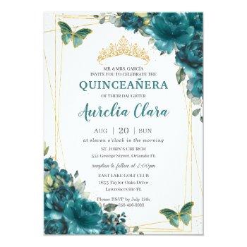 Quinceañera Teal Blue Green Floral Butterflies  Invitation Front View