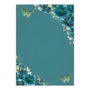 Quinceañera Teal Blue Green Floral Butterflies  Invitation Front View