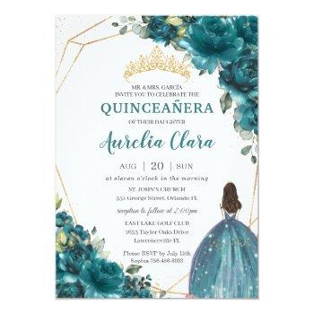 Quinceañera Teal Blue Green Floral Princess Crown Invitation Front View