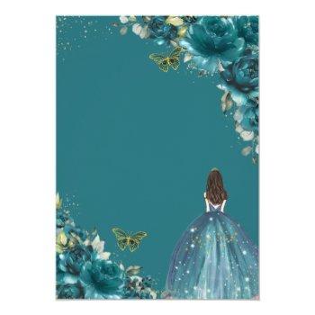 Quinceañera Teal Blue Green Floral Princess Crown Invitation Front View