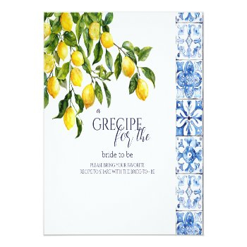 Recipe Lemon Citrus Blue Tiles Bridal Shower Enclosure Card Front View