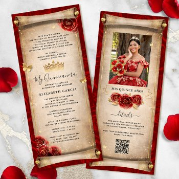 red and gold quinceanera scroll invitation card