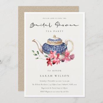 red blue floral teapot bridal shower party invite