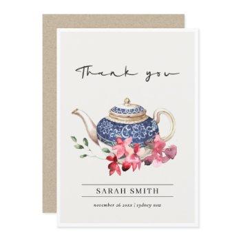 red blue watercolor teapot floral tea party thank you card