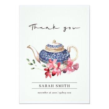 Red Blue Watercolor Teapot Floral Tea Party Thank You Card Front View