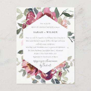 red blush rose floral drive by couples shower postcard