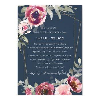 Red Blush Rose Navy Drive By Couples Shower Invite Front View