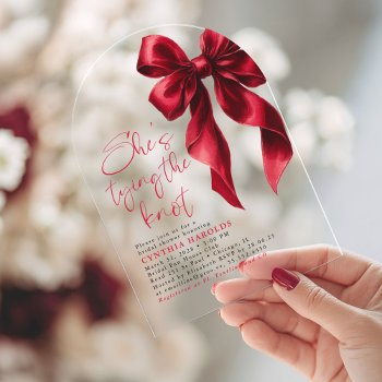 red bow she's tying the knot bridal shower acrylic invitations