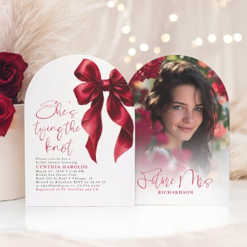 red bow she's tying the knot bridal shower photo invitation