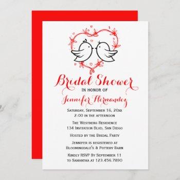 red bridal shower black lovebirds & heart wedding invitation