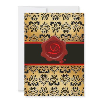 red brown and black damask ,wax seal monogram invitation