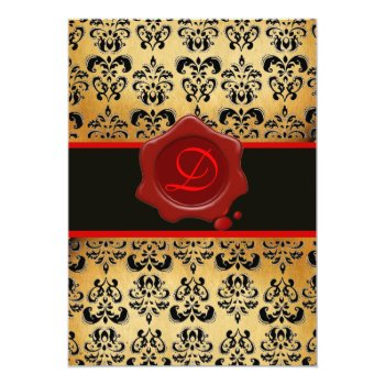 Red Brown And Black Damask ,wax Seal Monogram Invitation Front View