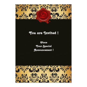 Red Brown And Black Damask ,wax Seal Monogram Invitation Front View
