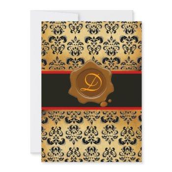 red brown and black damask ,wax seal monogram invitation
