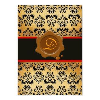 Red Brown And Black Damask ,wax Seal Monogram Invitation Front View