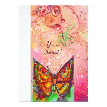 Red Butterfly In Pink Fuchsia Gold Sparkles Invitation Front View