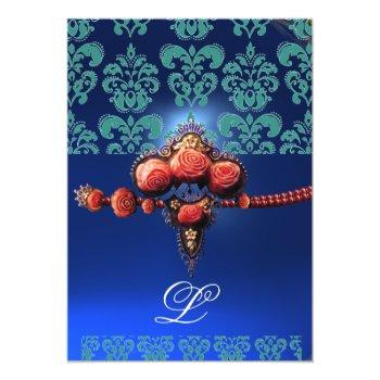 Red Coral Roses,aqua Blue Black Damask Monogram Invitation Front View