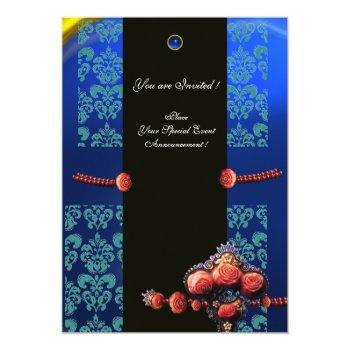 Red Coral Roses,aqua Blue Black Damask Monogram Invitation Front View