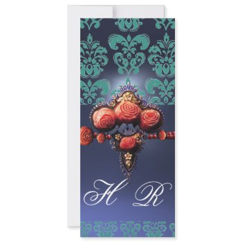 red coral roses,aqua blue black damask monogram invitation
