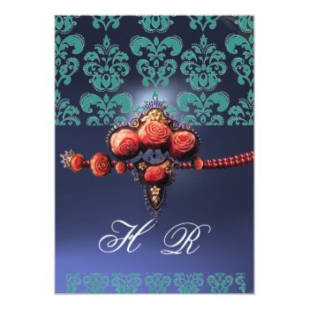 Red Coral Roses,aqua Blue Black Damask Monogram Invitation Front View