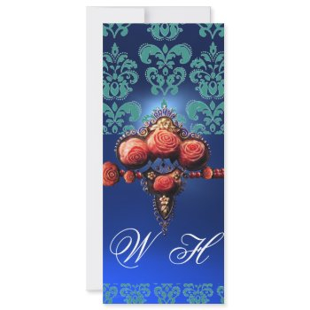 red coral roses,aqua blue black damask monogram invitation
