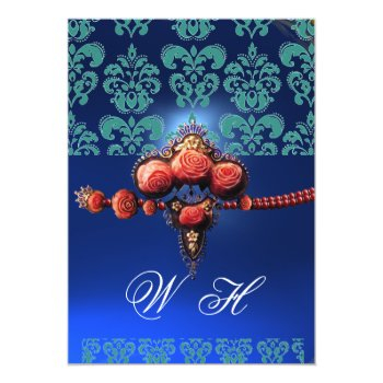 Red Coral Roses,aqua Blue Black Damask Monogram Invitation Front View