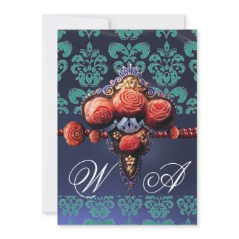 red coral roses,aqua blue black damask monogram invitation