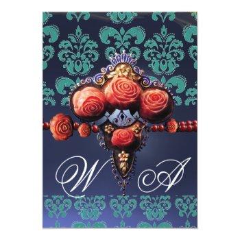 Red Coral Roses,aqua Blue Black Damask Monogram Invitation Front View