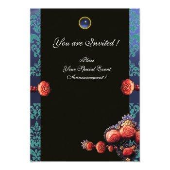 Red Coral Roses,aqua Blue Black Damask Monogram Invitation Front View