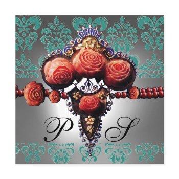 red coral roses,black green white damask monogram invitation