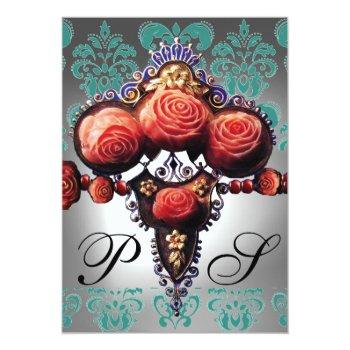 Red Coral Roses,black Green White Damask Monogram Invitation Front View