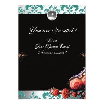 Red Coral Roses,black Green White Damask Monogram Invitation Front View