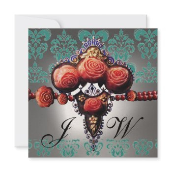 red coral roses,black green white damask monogram invitation