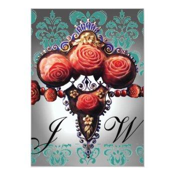 Red Coral Roses,black Green White Damask Monogram Invitation Front View