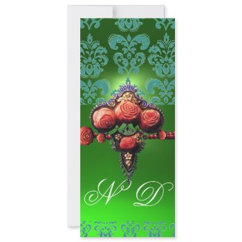 red coral roses,blue green black damask monogram invitation