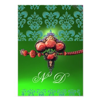 Red Coral Roses,blue Green Black Damask Monogram Invitation Front View
