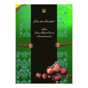 Red Coral Roses,blue Green Black Damask Monogram Invitation Front View
