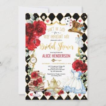 red floral alice in wonderland bridal shower tea invitation