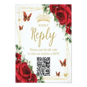 Red Floral Butterflies Quinceanera Rsvp Qr Code Enclosure Card Front View