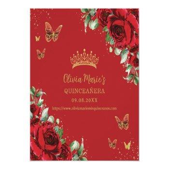 Red Floral Butterflies Quinceanera Rsvp Qr Code Enclosure Card Front View