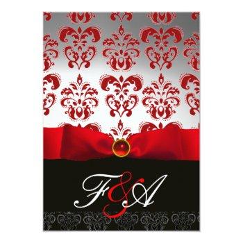 Red Gold Ribbon & Black Damask Monogram Ruby Invitation Front View