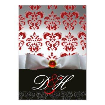 Red Gold Ribbon & Black Damask Monogram Ruby Invitation Front View