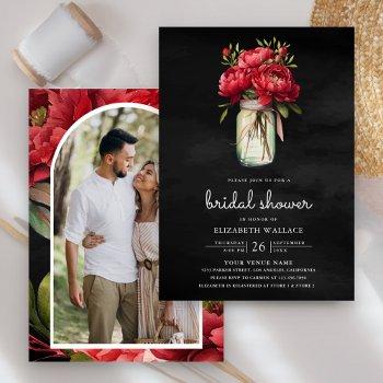 red peony floral mason jar black bridal shower invitation