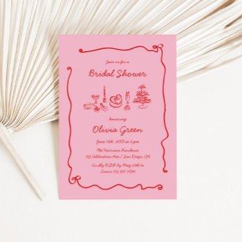 red pink handwritten bow frame bridal shower invitation