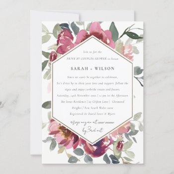 red pink rose flora drive by couples shower invite