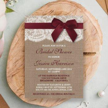 red ribbon on burlap & lace bridal shower invitation