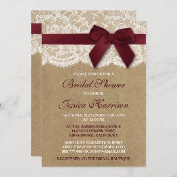 red ribbon on kraft & lace bridal shower invitation